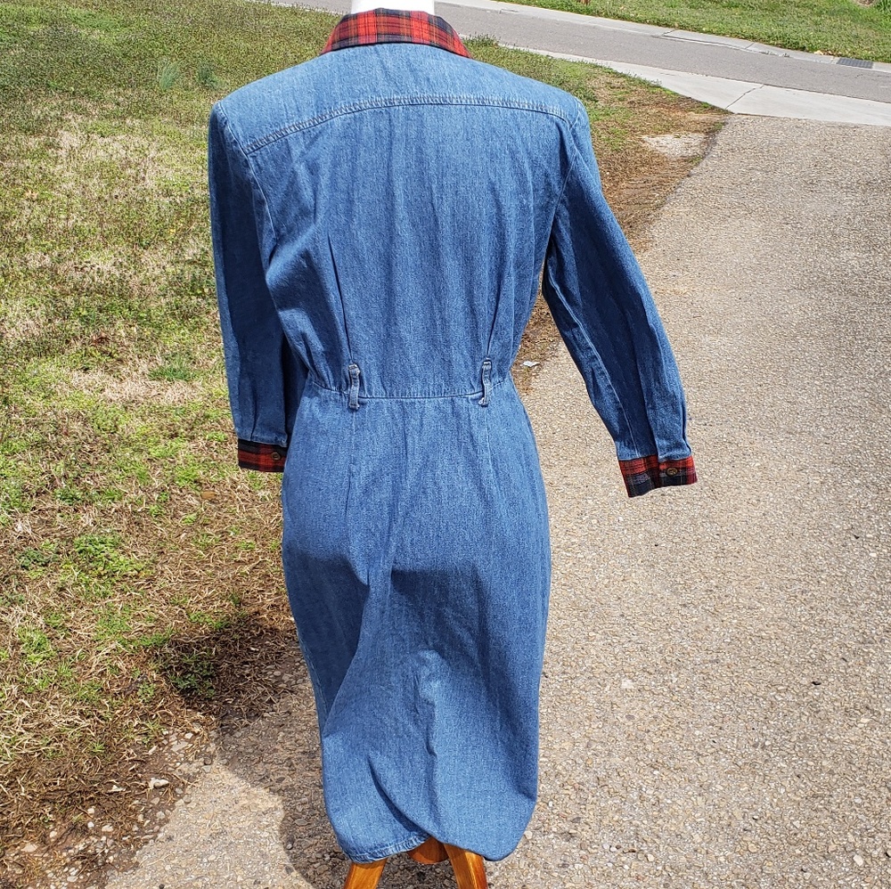 SOLD Vintage Plaid and Blue Jean Long Sleeve Dress - Picture 8 of 9